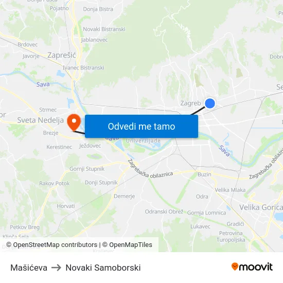 Mašićeva to Novaki Samoborski map