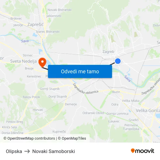 Olipska to Novaki Samoborski map