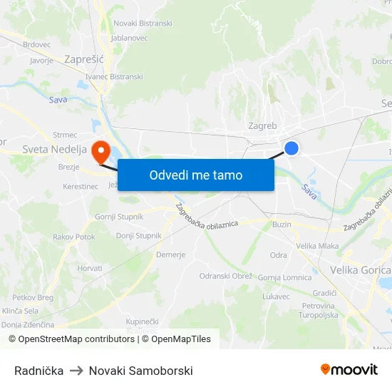 Radnička to Novaki Samoborski map