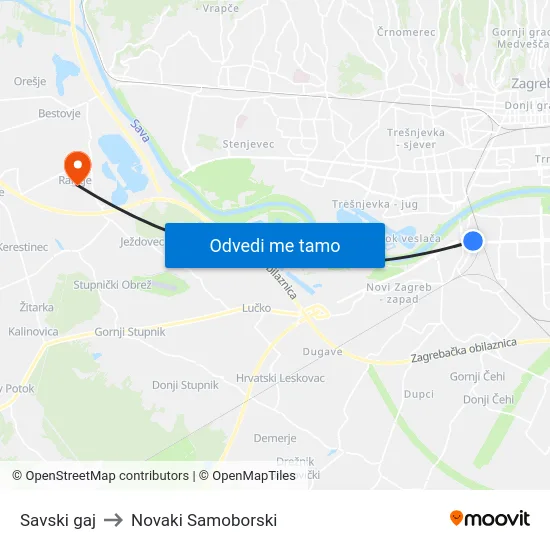 Savski gaj to Novaki Samoborski map