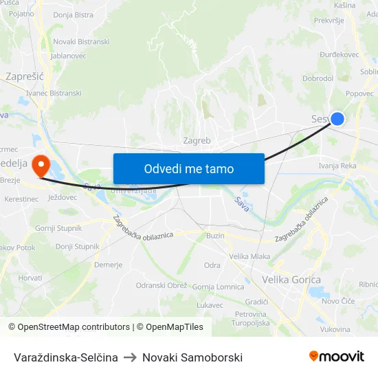 Varaždinska-Selčina to Novaki Samoborski map