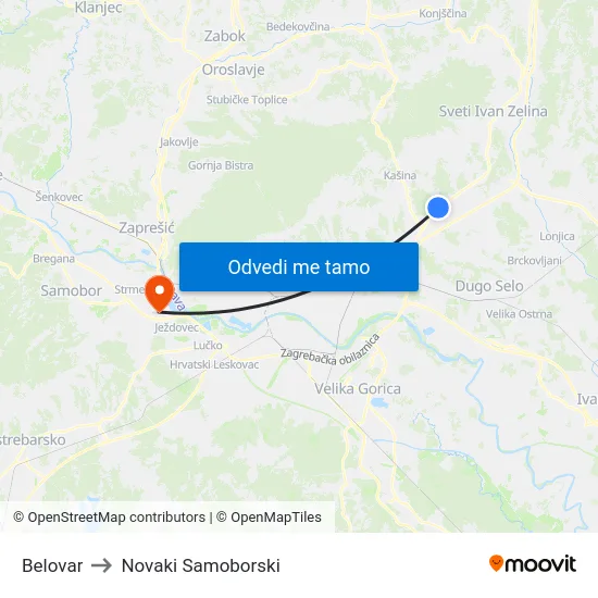 Belovar to Novaki Samoborski map