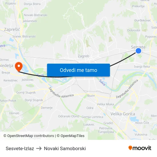Sesvete-Izlaz to Novaki Samoborski map