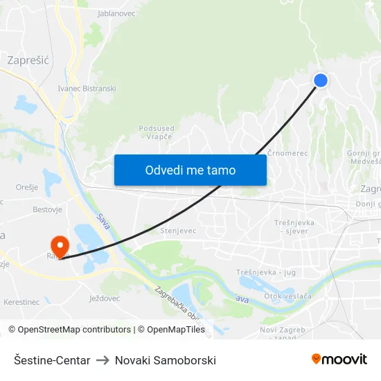 Šestine-Centar to Novaki Samoborski map