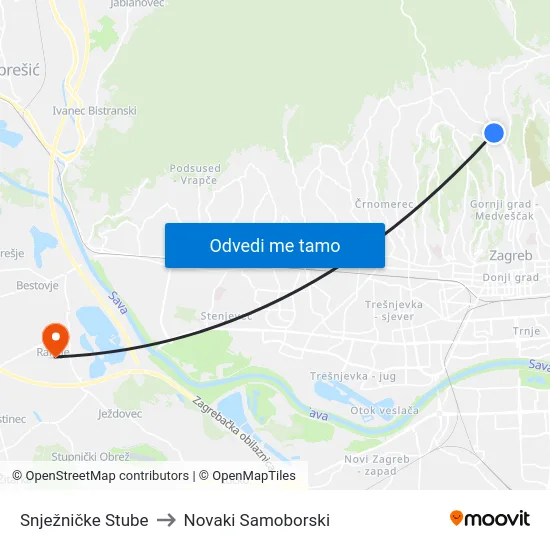 Snježničke Stube to Novaki Samoborski map