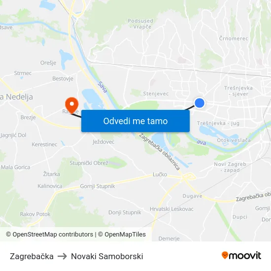 Zagrebačka to Novaki Samoborski map