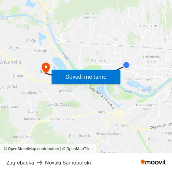 Zagrebačka to Novaki Samoborski map