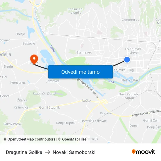 Dragutina Golika to Novaki Samoborski map