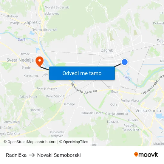 Radnička to Novaki Samoborski map