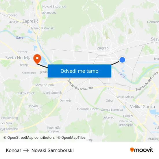 Končar to Novaki Samoborski map