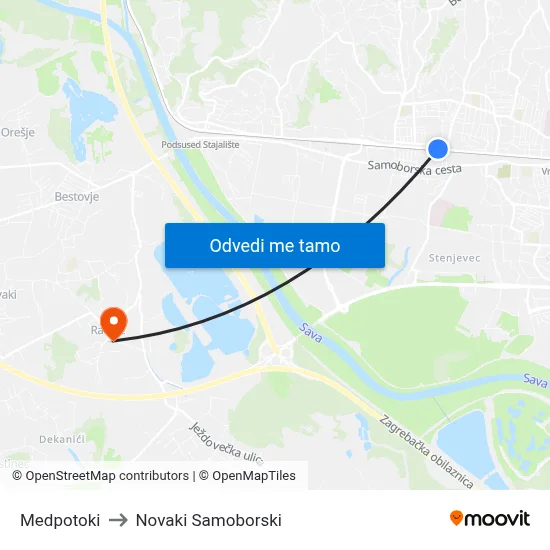Medpotoki to Novaki Samoborski map