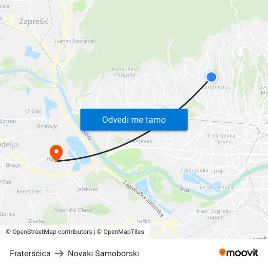 Fraterščica to Novaki Samoborski map