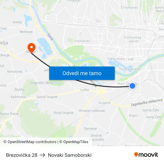 Brezovička 28 to Novaki Samoborski map