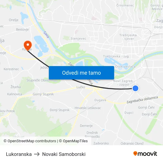 Lukoranska to Novaki Samoborski map