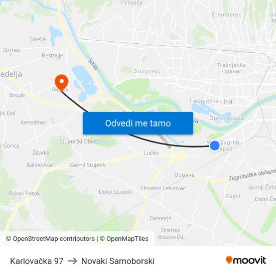 Karlovačka 97 to Novaki Samoborski map