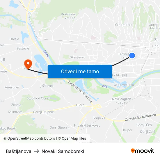 Baštijanova to Novaki Samoborski map