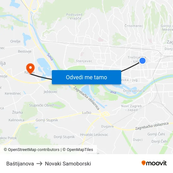 Baštijanova to Novaki Samoborski map