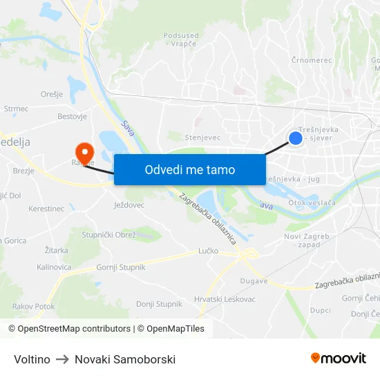 Voltino to Novaki Samoborski map