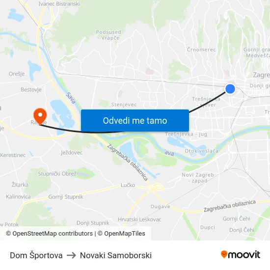 Dom Športova to Novaki Samoborski map