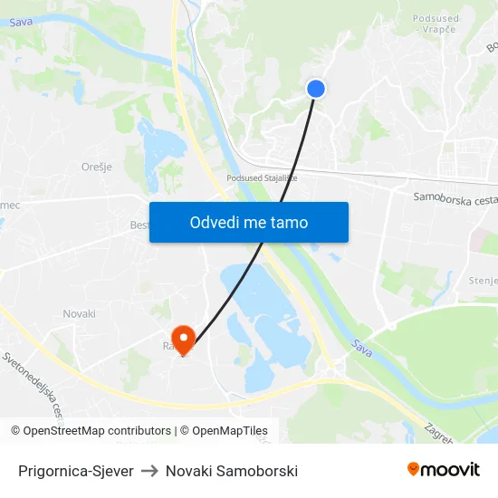 Prigornica-Sjever to Novaki Samoborski map