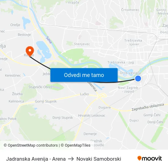 Jadranska Avenija - Arena to Novaki Samoborski map