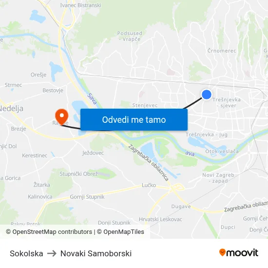 Sokolska to Novaki Samoborski map
