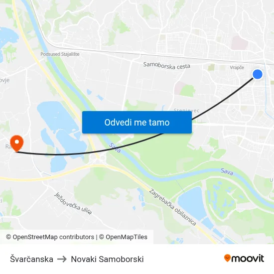 Švarčanska to Novaki Samoborski map