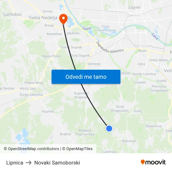 Lipnica to Novaki Samoborski map