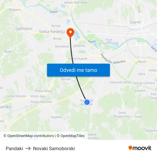 Pandaki to Novaki Samoborski map