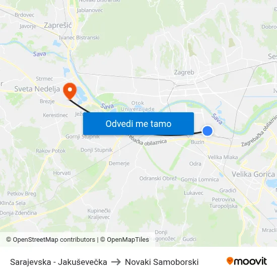 Sarajevska - Jakuševečka to Novaki Samoborski map