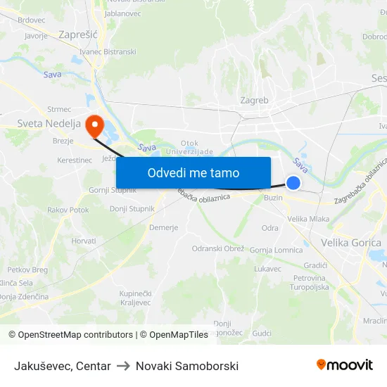 Jakuševec, Centar to Novaki Samoborski map