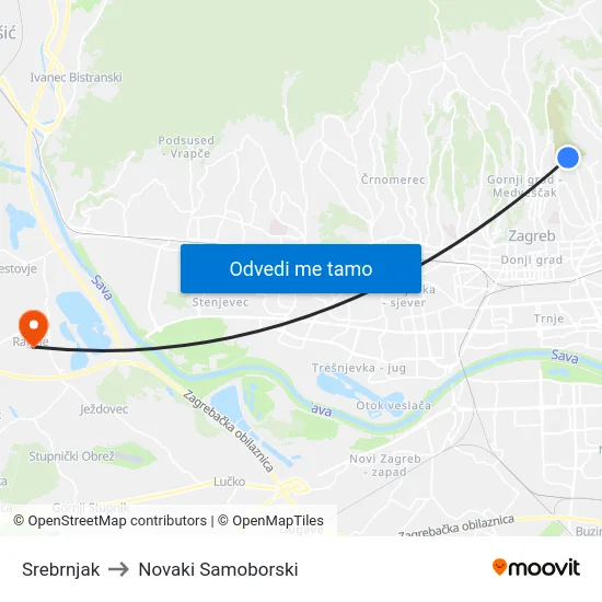 Srebrnjak to Novaki Samoborski map