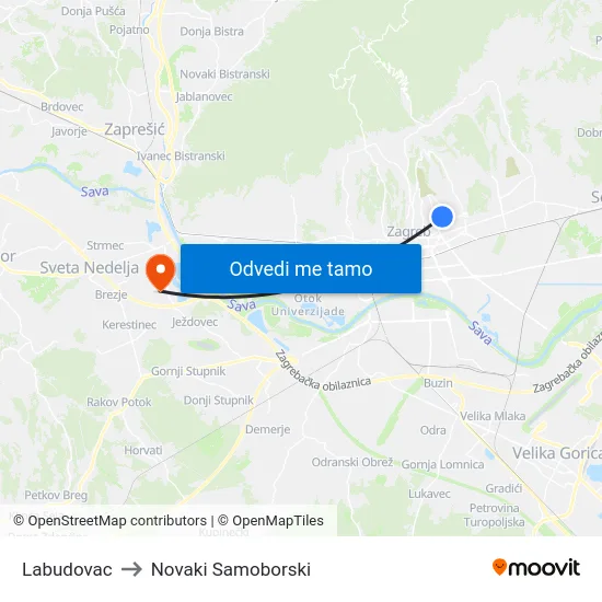 Labudovac to Novaki Samoborski map