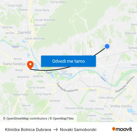 Klinička Bolnica Dubrava to Novaki Samoborski map