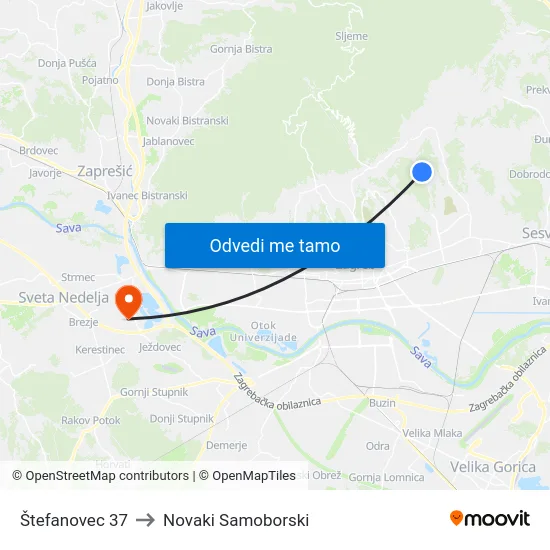 Štefanovec 37 to Novaki Samoborski map