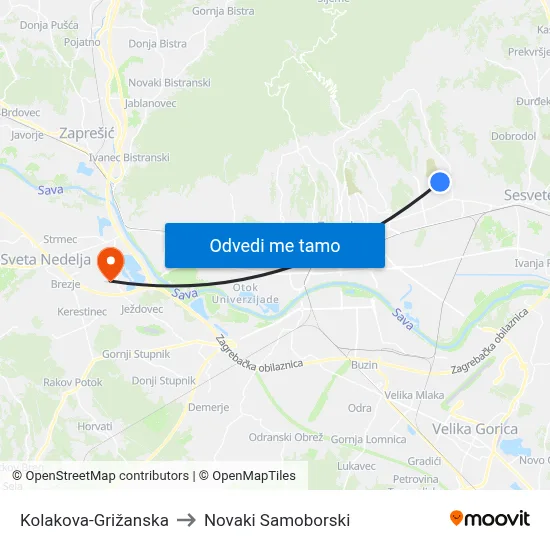 Kolakova-Grižanska to Novaki Samoborski map
