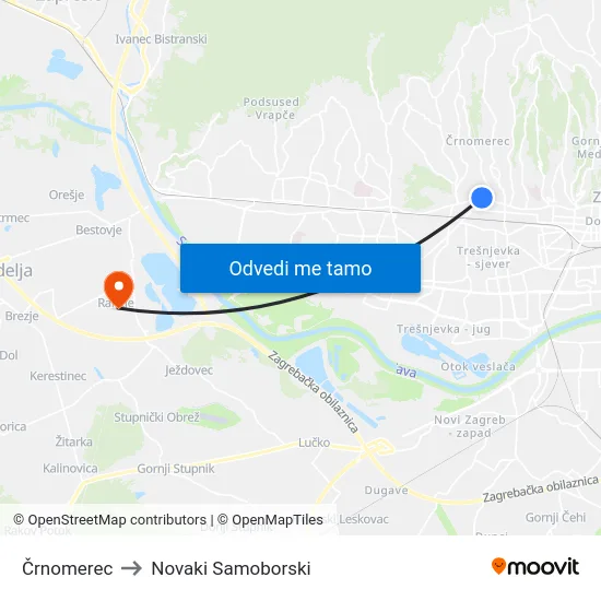 Črnomerec to Novaki Samoborski map