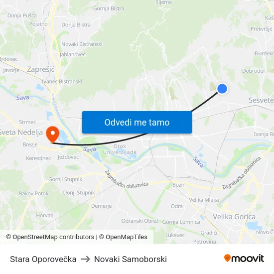 Stara Oporovečka to Novaki Samoborski map
