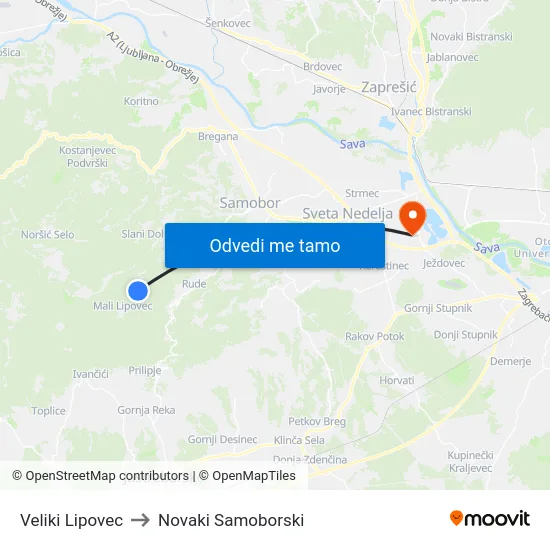 Veliki Lipovec to Novaki Samoborski map