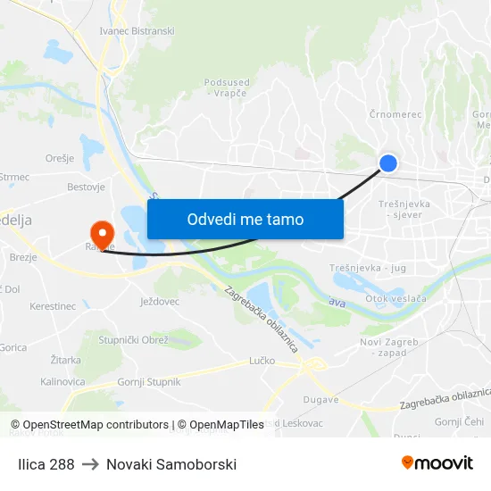 Ilica 288 to Novaki Samoborski map