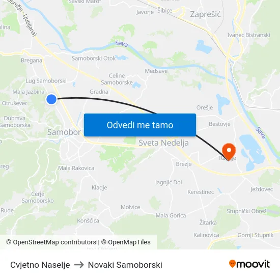 Cvjetno Naselje to Novaki Samoborski map