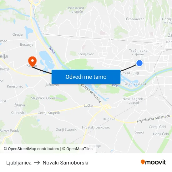 Ljubljanica to Novaki Samoborski map