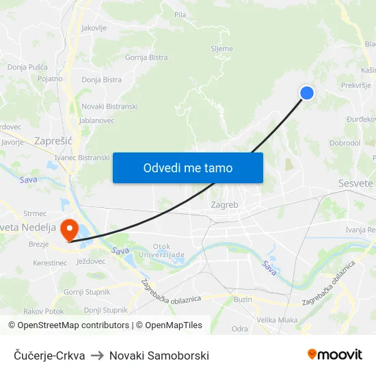 Čučerje-Crkva to Novaki Samoborski map