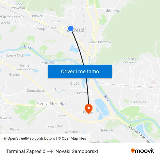 Terminal Zaprešić to Novaki Samoborski map