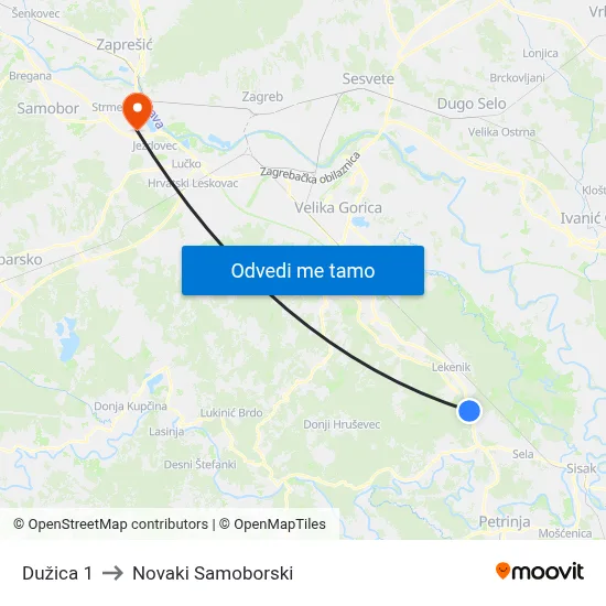 Dužica 1 to Novaki Samoborski map
