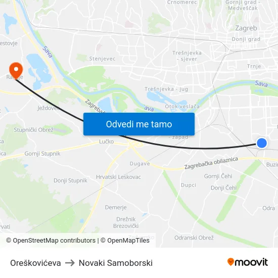 Oreškovićeva to Novaki Samoborski map