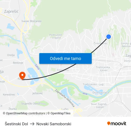 Šestinski Dol to Novaki Samoborski map