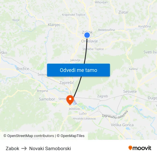 Zabok to Novaki Samoborski map