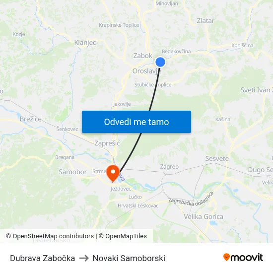 Dubrava Zabočka to Novaki Samoborski map