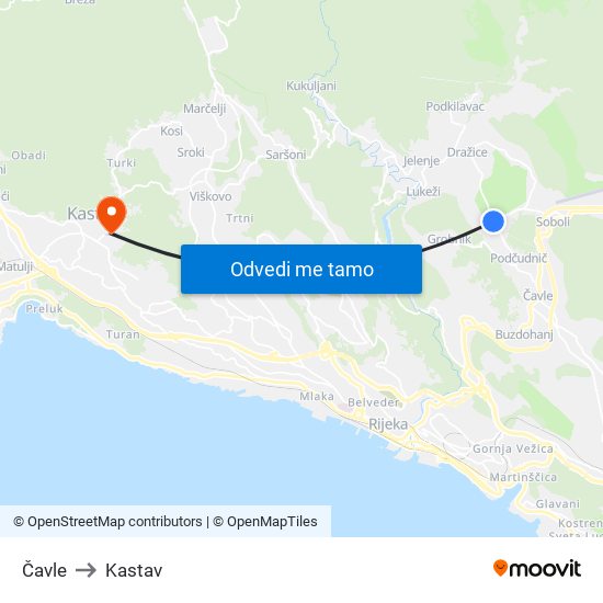 Čavle to Kastav map